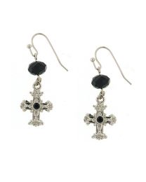  Black Crystal Cross & Bead Drop Earrings