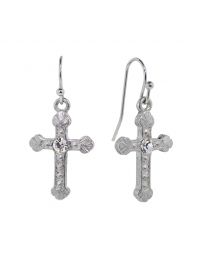  Silver-Tone Crystal Accent Ornate Cross Drop Earrings