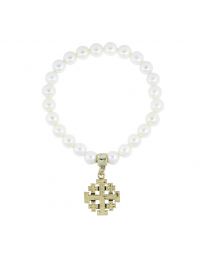  White Costume Pearl Stretch Bracelet with Jerusalem Cross Charm