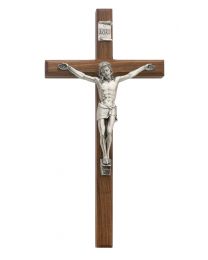 12" Beveled Walnut Crucifix with Silver Christ 