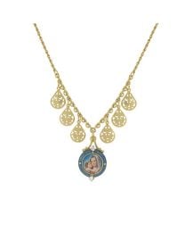 14K Gold Dipped Blue Enamel Mary & Child Necklace 