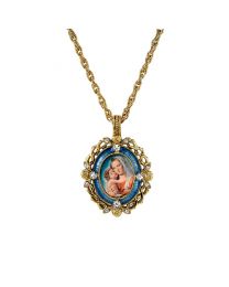 14K Gold Dipped Crystal Blue Enamel Mary & Child Pendant Necklace
