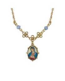 14K Gold Dipped Blue Oval Mary Pendant Necklace 