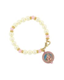 14K Gold-Dipped Mary & Child Pink and Pearl Bracelet