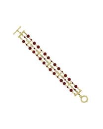 14K Gold-Dipped 3 Row-Red Bead & Cross Toggle Bracelet 