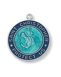 St. Christopher Sterling Silver Blue Medal on 18" Chain 