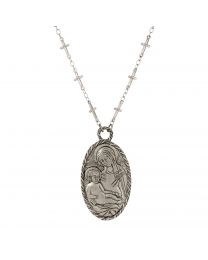 Antiqued Madonna and Child Oval Pendant Cross Necklace