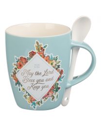 Bless You and Keep You Teal Ceramic Coffee Mug with Spoon - Numbers 6:24