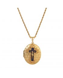 Blue Enamel Cross Textured Oval Locket Necklace
