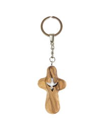 Dove Holding Cross Olive Wood Keychain
