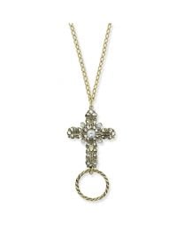 Faux Pearl Cross Eyeglass & Badge Holder Necklace