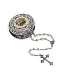 Faux Pearl Rosary with Multicolor Floral Stone Rosary Box