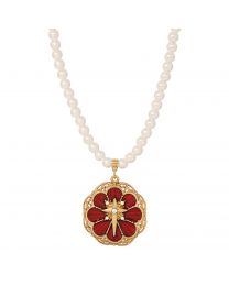 Faux Pearl Strand Rose and Cross Pendant Necklace