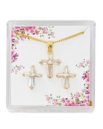 Gold Crystal Baguette Cross Earrings & Pendant