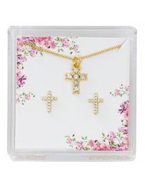 Gold Crystal Cross Earrings & Pendant