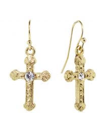 Gold-Tone Crystal Accent Ornate Cross Drop Earrings
