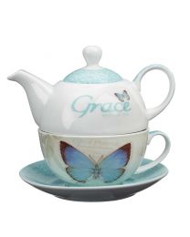 Grace Blue Butterfly Blessings Tea Set for One - Ephesians 2:8