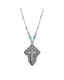 INRI Crucifix Aqua Blue Crystal Pendant Necklace
