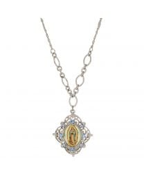 Light Sapphire Blue Crystal Our Lady of Guadalupe Pendant Necklace