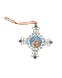 Mother and Child Decal Cross Ornament with Blue Crystal Accents