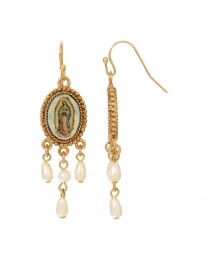 Our Lady of Guadalupe Faux Pearl Teardrop Dangle Earrings