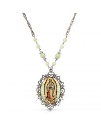 Our Lady of Guadalupe Green Bead Floral Filigree Pendant Necklace