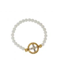 Pewter Crystal Cross Costume Pearl Stretch Bracelet