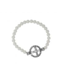 Pewter Crystal Cross Faux Pearl Stretch Bracelet