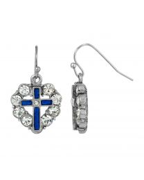 Pewter Heart Shaped Crystal Stones & Blue Enamel Cross Earrings