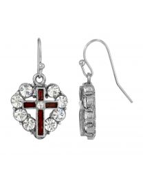 Pewter Heart Shaped Crystal Stones & Red Enamel Cross Earrings