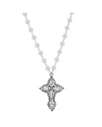 Pewter Navette Crystal And Faux Pearl Cross Necklace