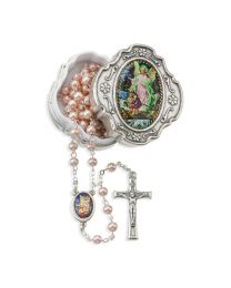 Pink Glass Bead Guardian Angel Rosary in a Metal Box