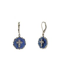 Silver Tone Blue Enamel Crystal Cross Round Earrings