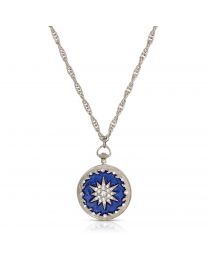 Starburst Crystal Blue Enamel Round Locket Pendant Necklace