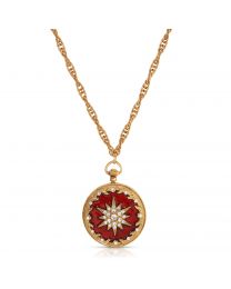 Starburst Crystal Red Enamel Round Locket Pendant Necklace