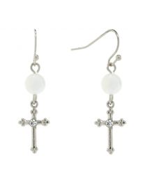 White Mother Of Pearl Bead Crystal Accent Cross Drop Earrings