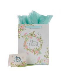 You are Loved Pink Wreath Large Portrait Gift Bag with Card Set